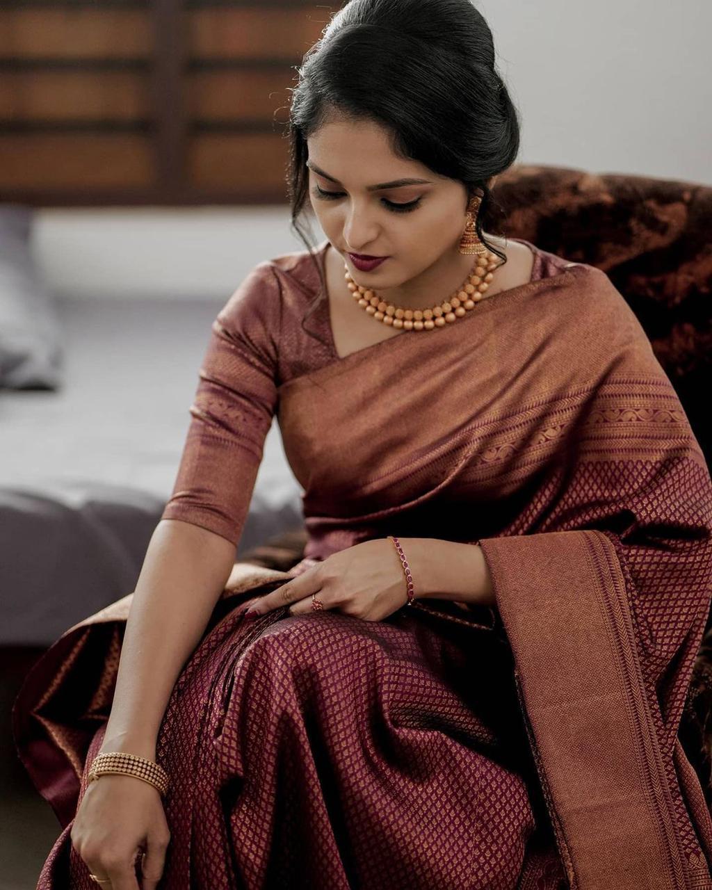 Authentic Lichi Silk Saree with Designer Zari Work - Marron