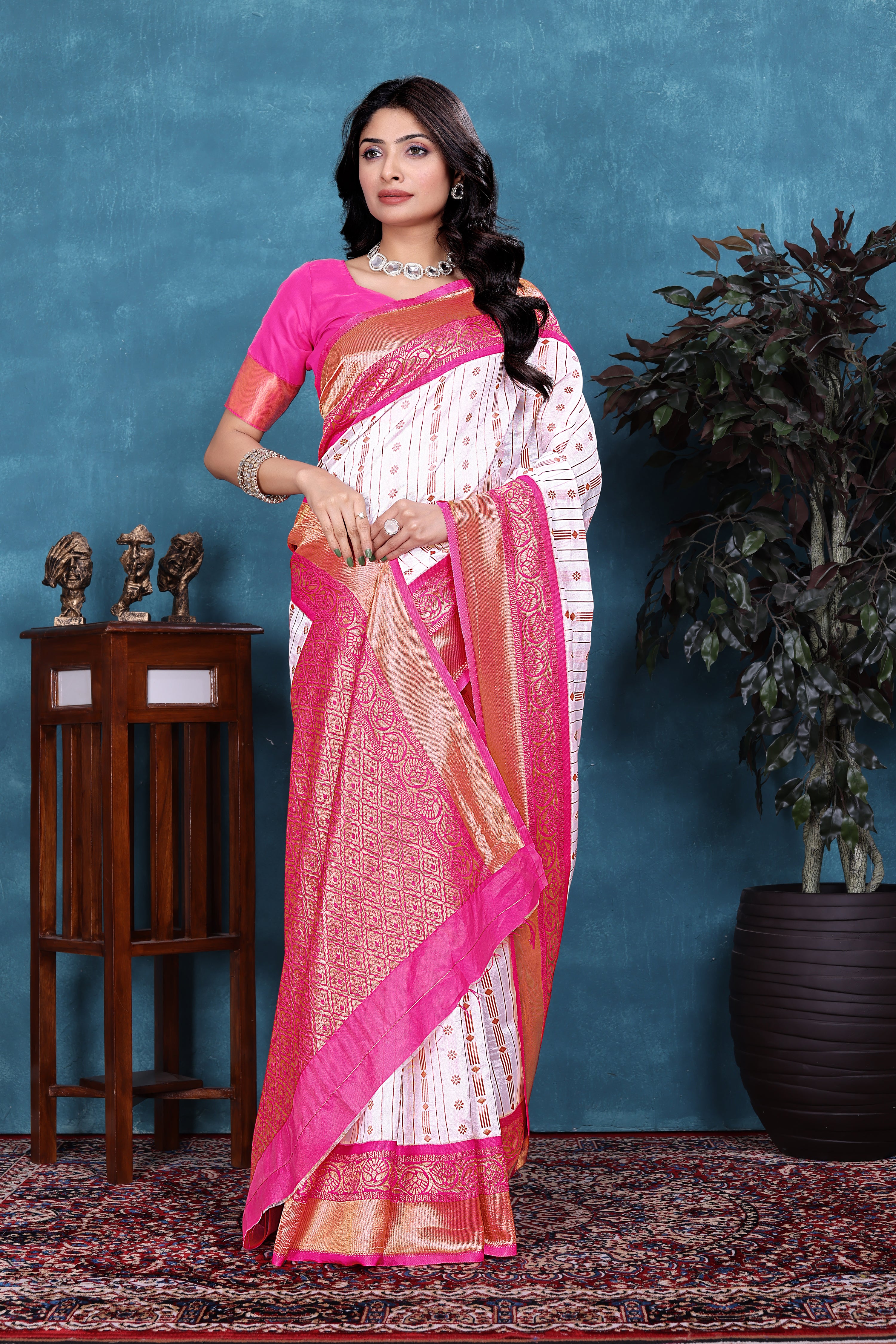 Sophisticated Cream White and Pink Soft Silk Saree with Ethnic Blouse Piece