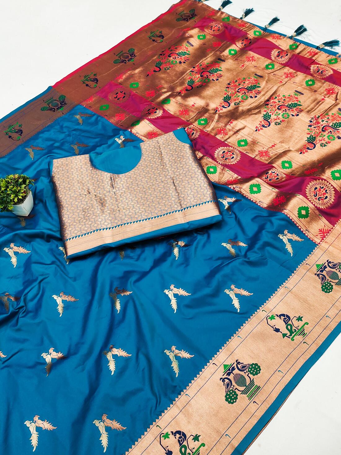 Elaborate Firozi Paithani Silk Saree With Whimsical Blouse Piece