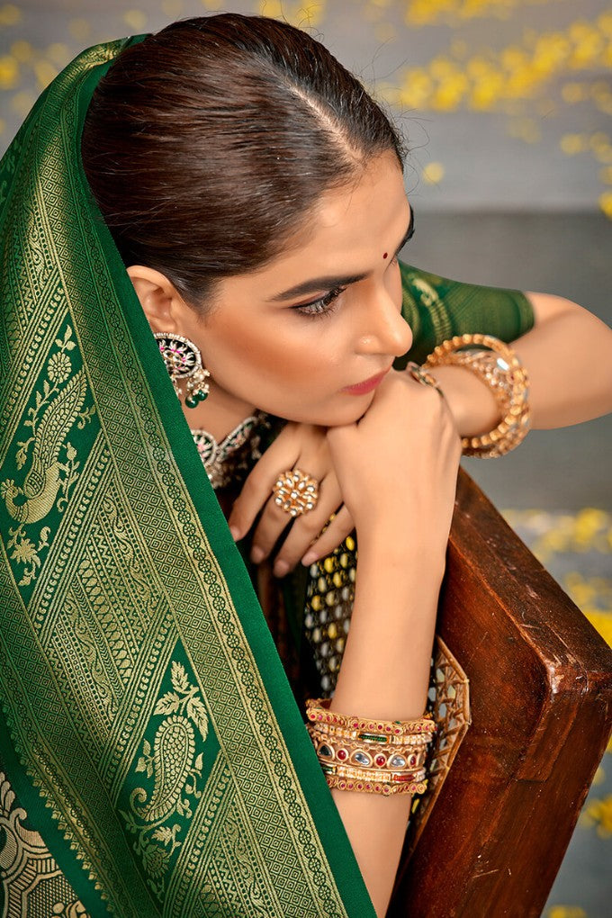 Eclat Beige and Green Kanjivaram Silk Saree With Jubilant Blouse Piece