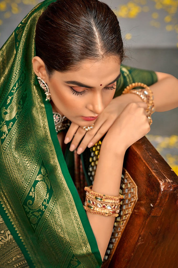 Eclat Beige and Green Kanjivaram Silk Saree With Jubilant Blouse Piece