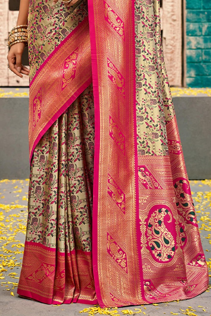 Whimsical Beige and Dark Pink Kanjivaram Silk Saree With Vibrant Blouse Piece