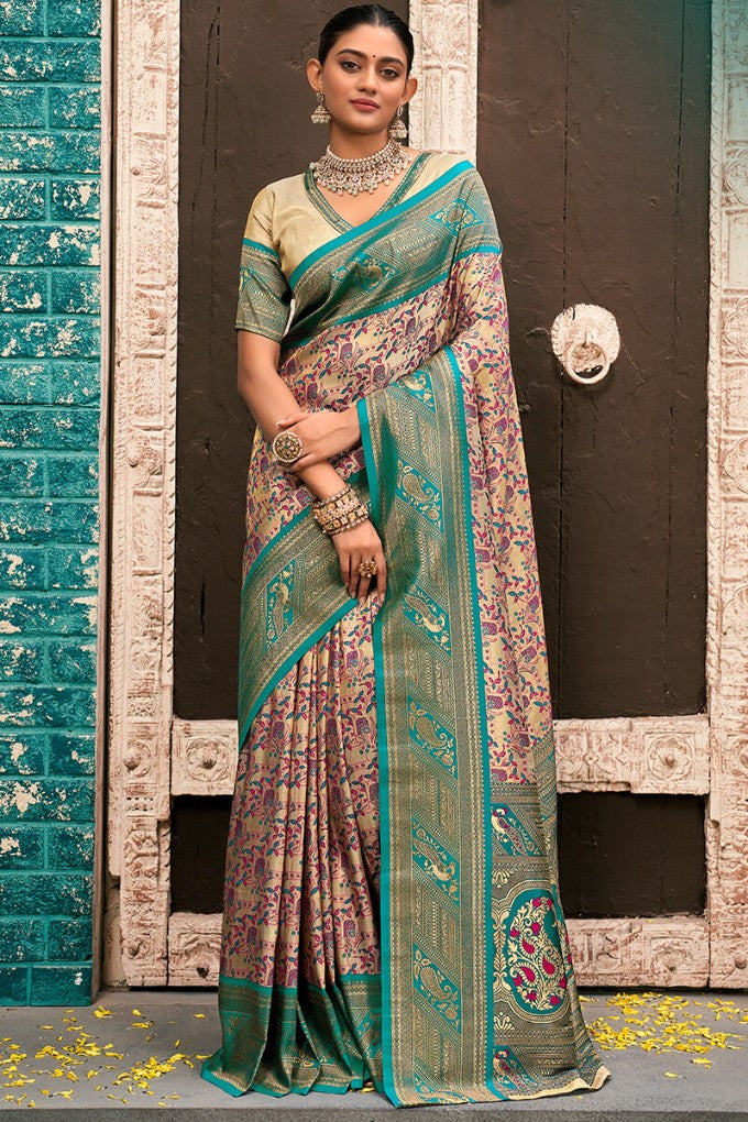 Jubilant Beige and Rama Kanjivaram Silk Saree With Resplendent Blouse Piece