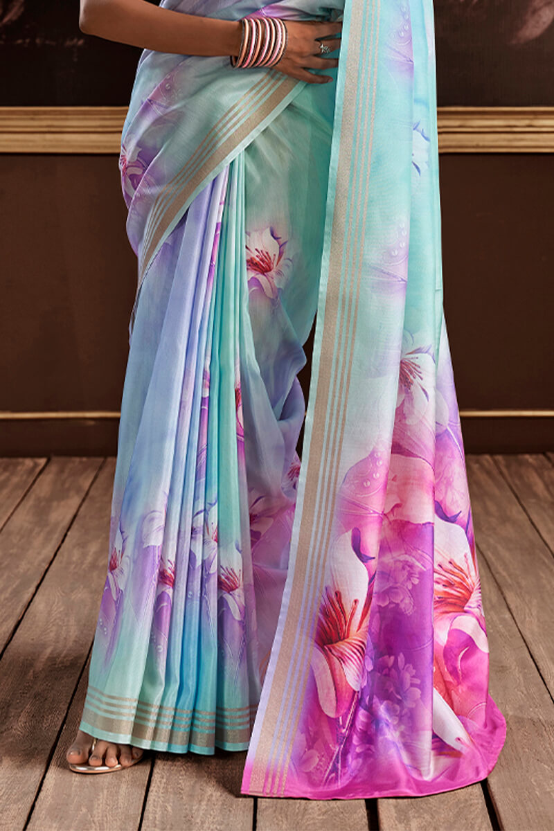 Petrichor Sky Digital Printed Soft Silk Saree With Snazzy Blouse Piece