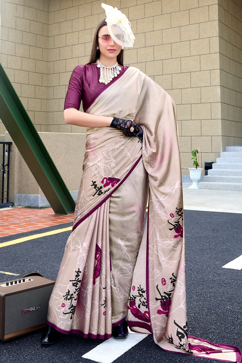 Flamboyant Beige Digital Printed Satin Silk Saree With Inspiring Blouse Piece