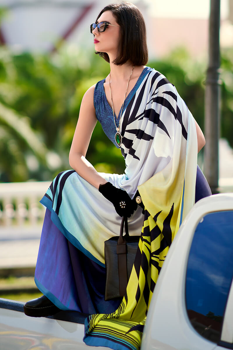 Evocative Yellow and Blue Digital Printed Satin Silk Saree With Susurrous Blouse Piece