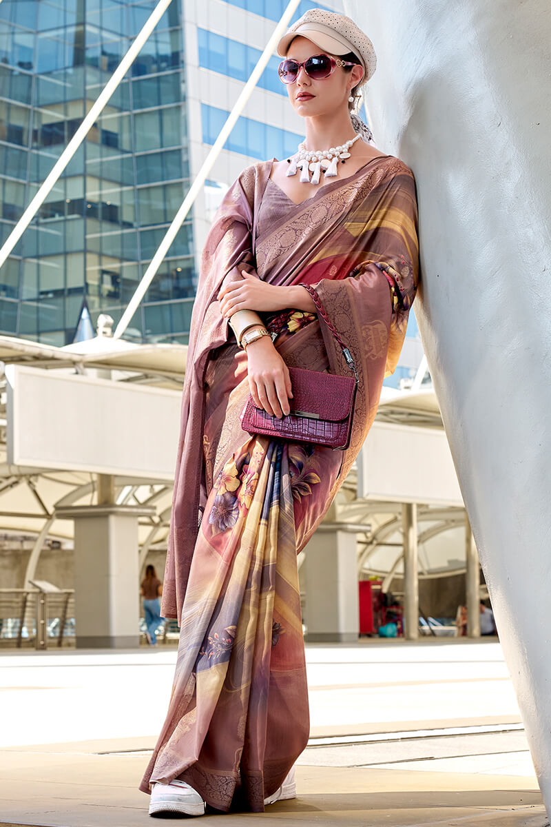 Lovely Brown Digital Printed Soft Silk Saree With Skinny Blouse Piece