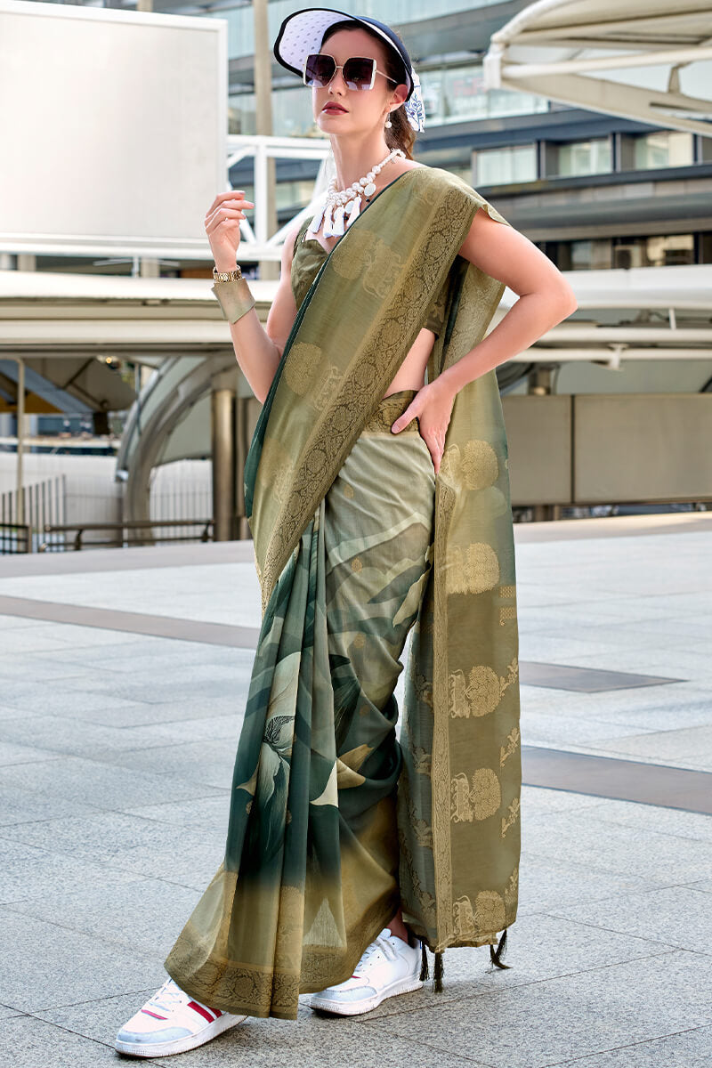 Scintilla Green Digital Printed Soft Silk Saree With Fragrant Blouse Piece