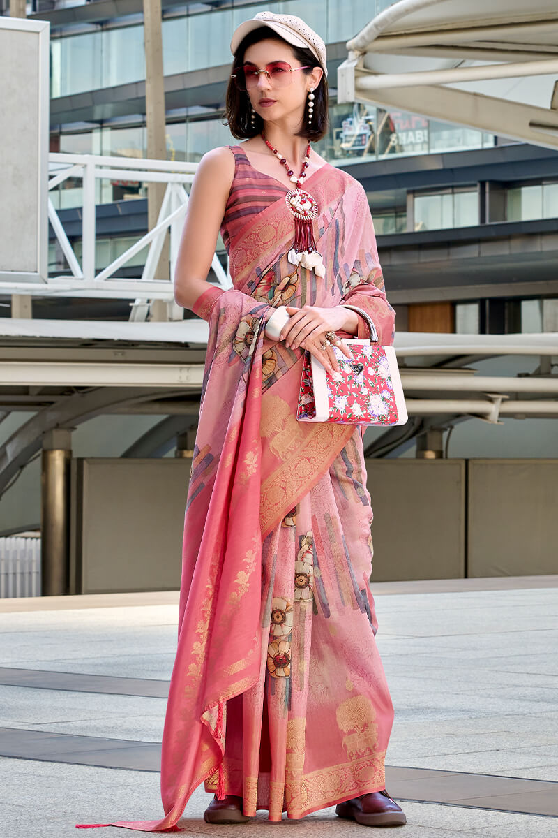 Unequalled Pink Digital Printed Soft Silk Saree With Piquant Blouse Piece