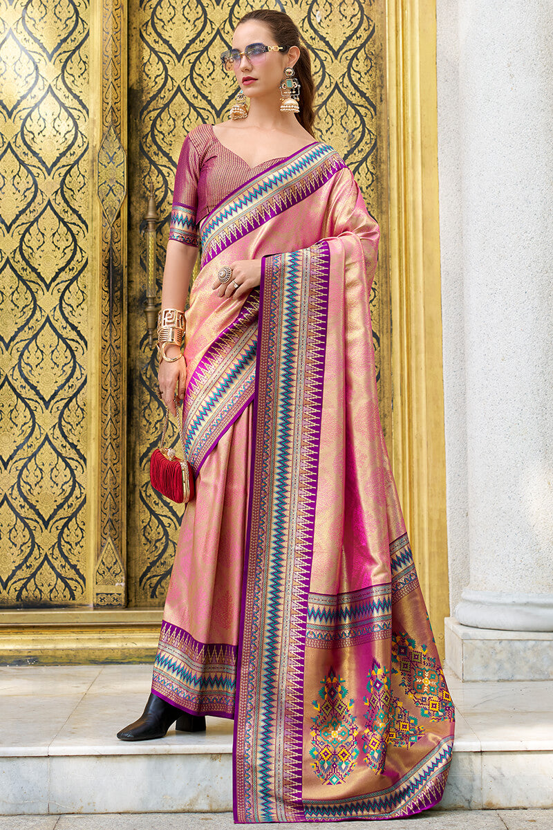 Forbearance Pink Paithani Silk Saree With Excellent Blouse Piece