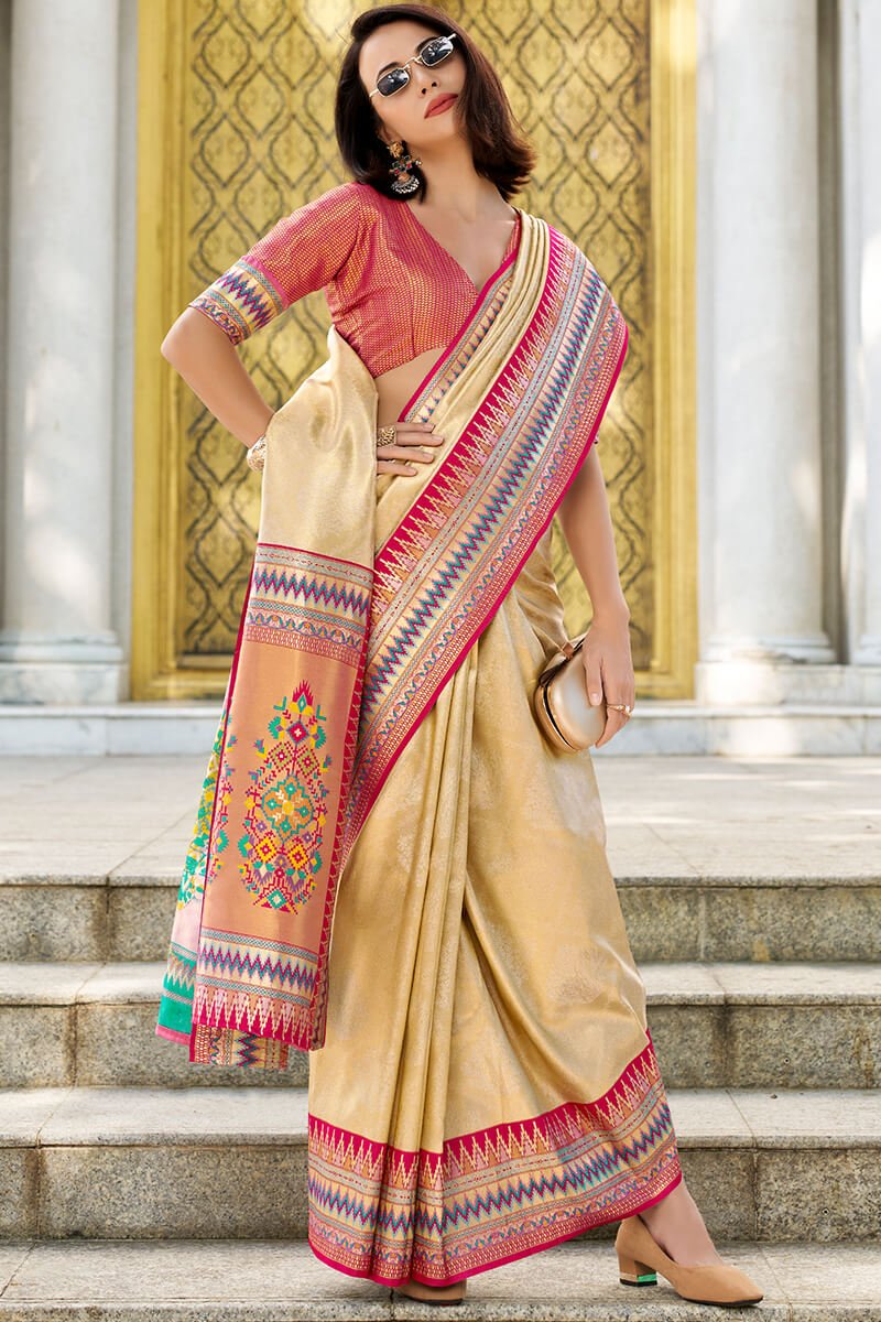 Diaphanous Beige Paithani Silk Saree With Divine Blouse Piece