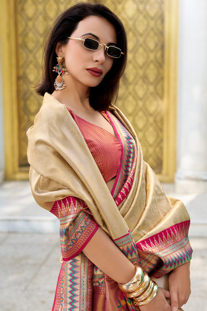 Diaphanous Beige Paithani Silk Saree With Divine Blouse Piece