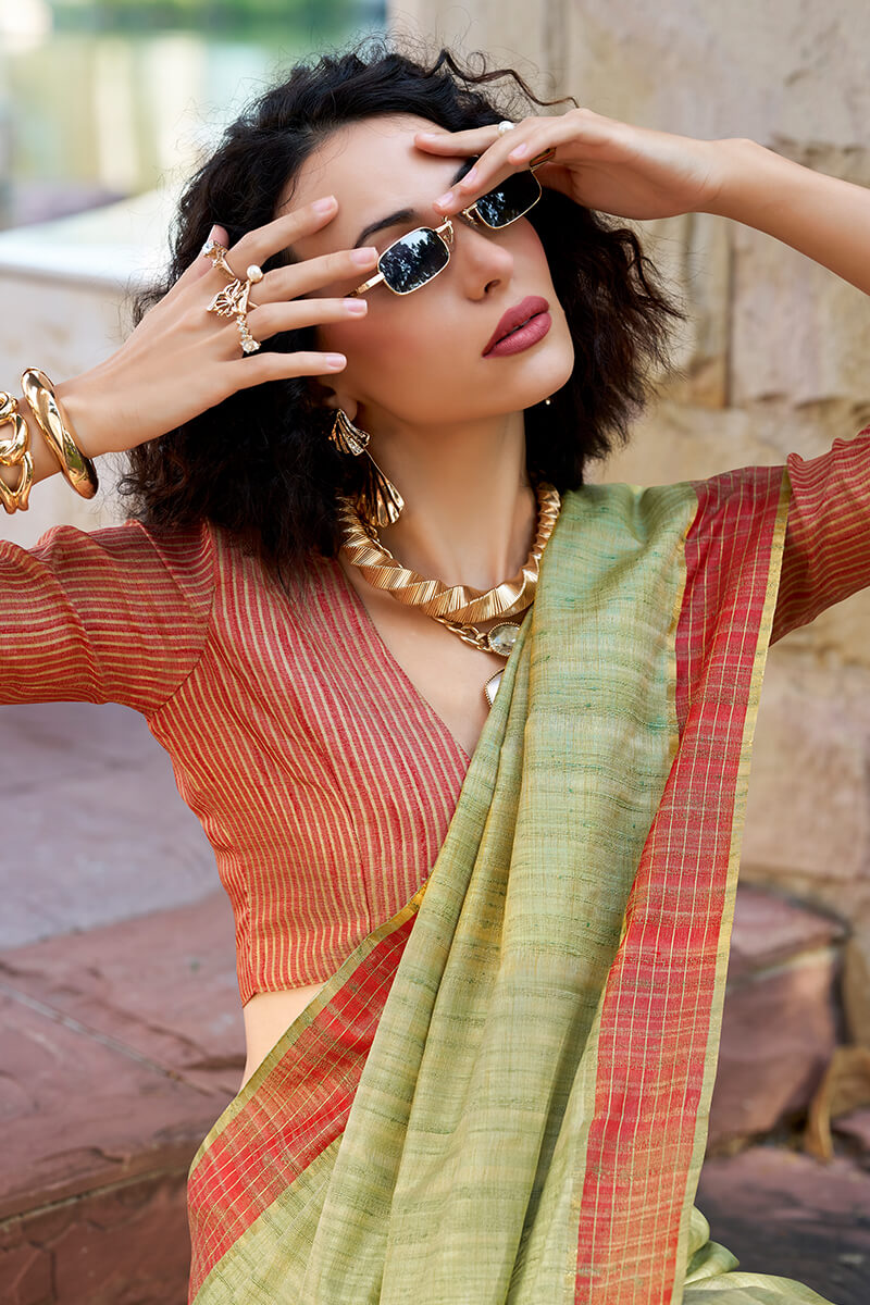 Arresting Pista Cotton Silk Saree With Prominent Blouse Piece