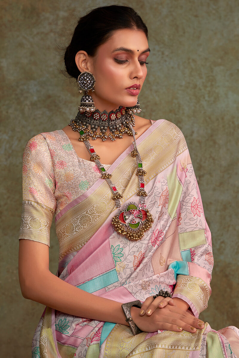 Fugacious Baby Pink Digital Printed Soft Silk Saree With Ratatouille Blouse Piece