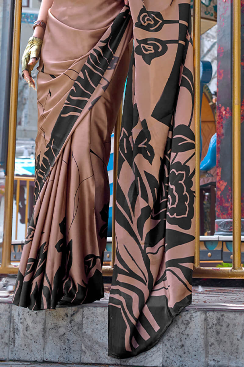 Demesne Brown Digital Printed Satin Silk Saree With Serendipity Blouse Piece