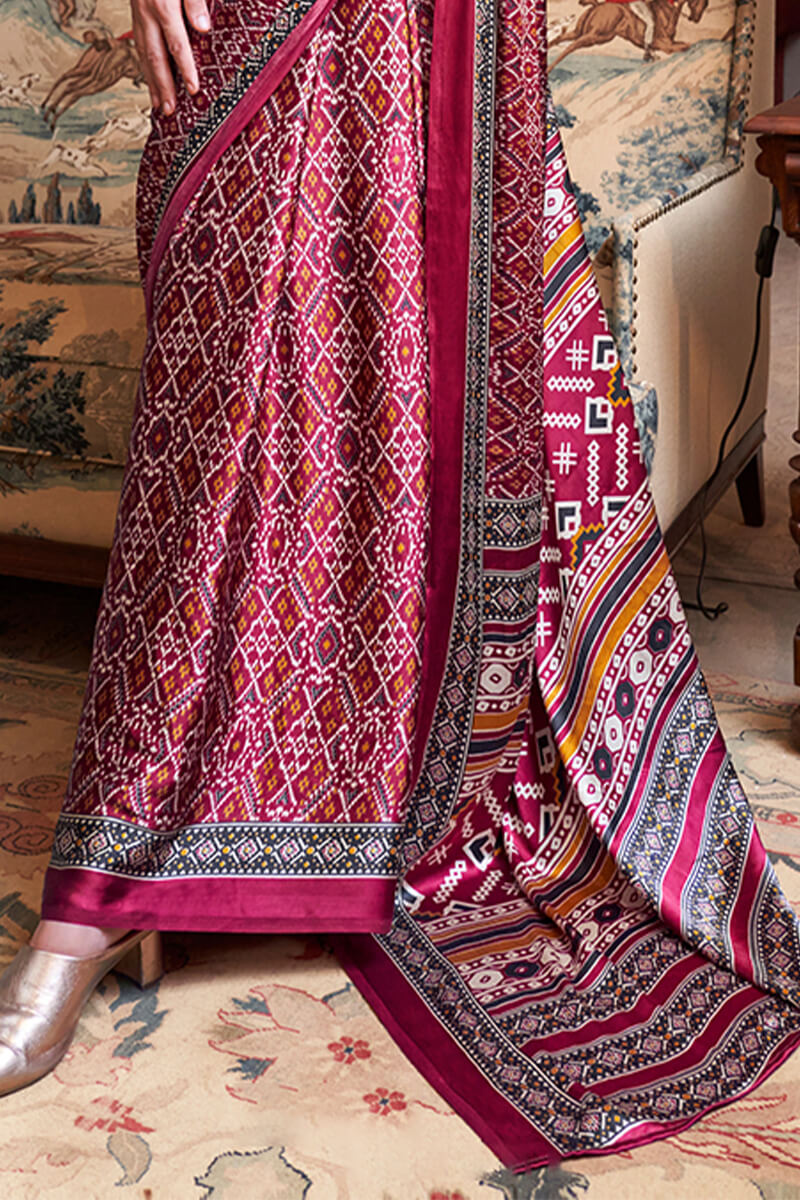 Aplomb Wine Digital Printed Satin Silk Saree With Ravishing Blouse Piece