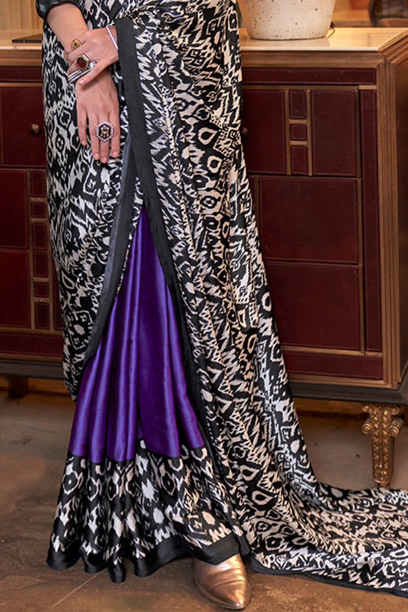 Fantabulous Purple Digital Printed Satin Silk Saree With Splendiferous Blouse Piece
