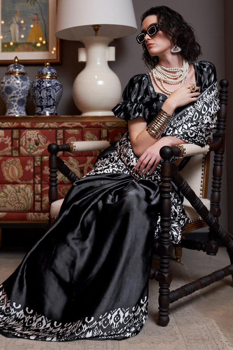 Scintilla Black Digital Printed Satin Silk Saree With Murmurous Blouse Piece