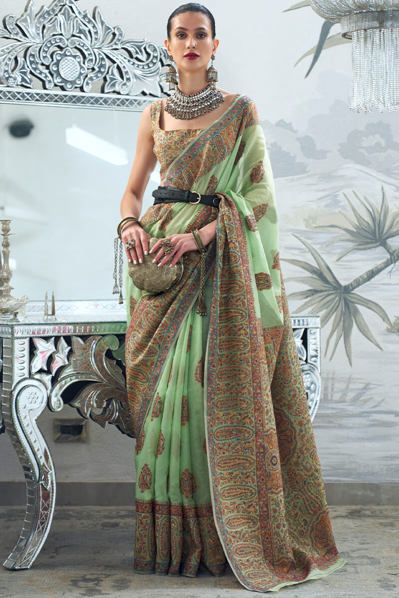 Stunning Green Pashmina saree With Classy Blouse Piece