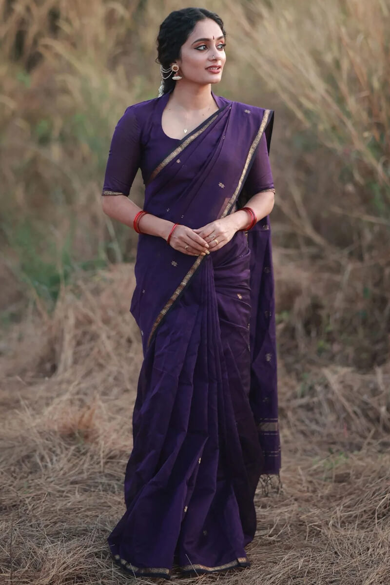 Pleasurable Purple Cotton Silk Saree With Imaginative Blouse Piece
