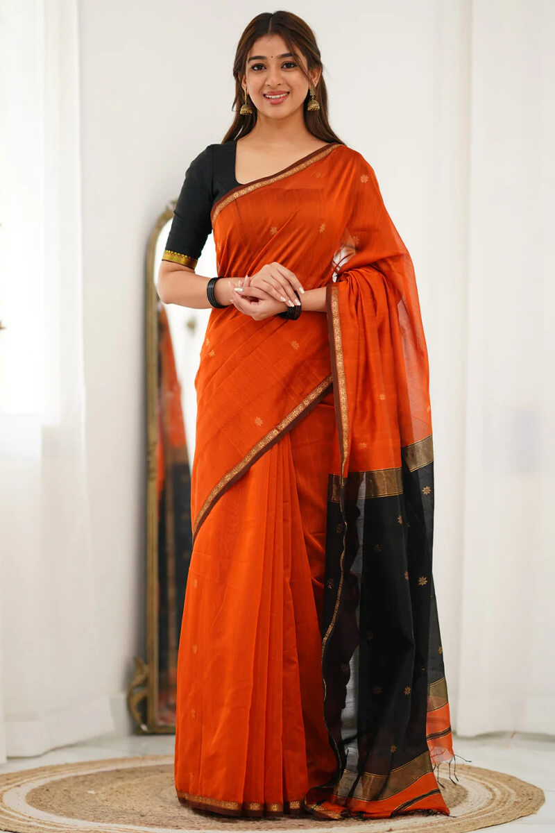 Luminous Orange Cotton Silk Saree With Scintillating Blouse Piece