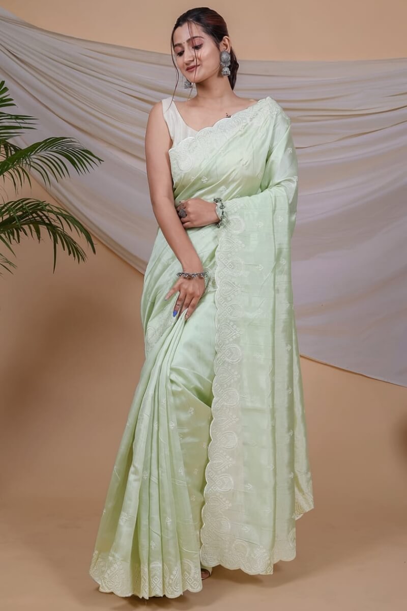 Desiring Pista Embroidery Work Soft Silk Saree With Ravishing Blouse Piece