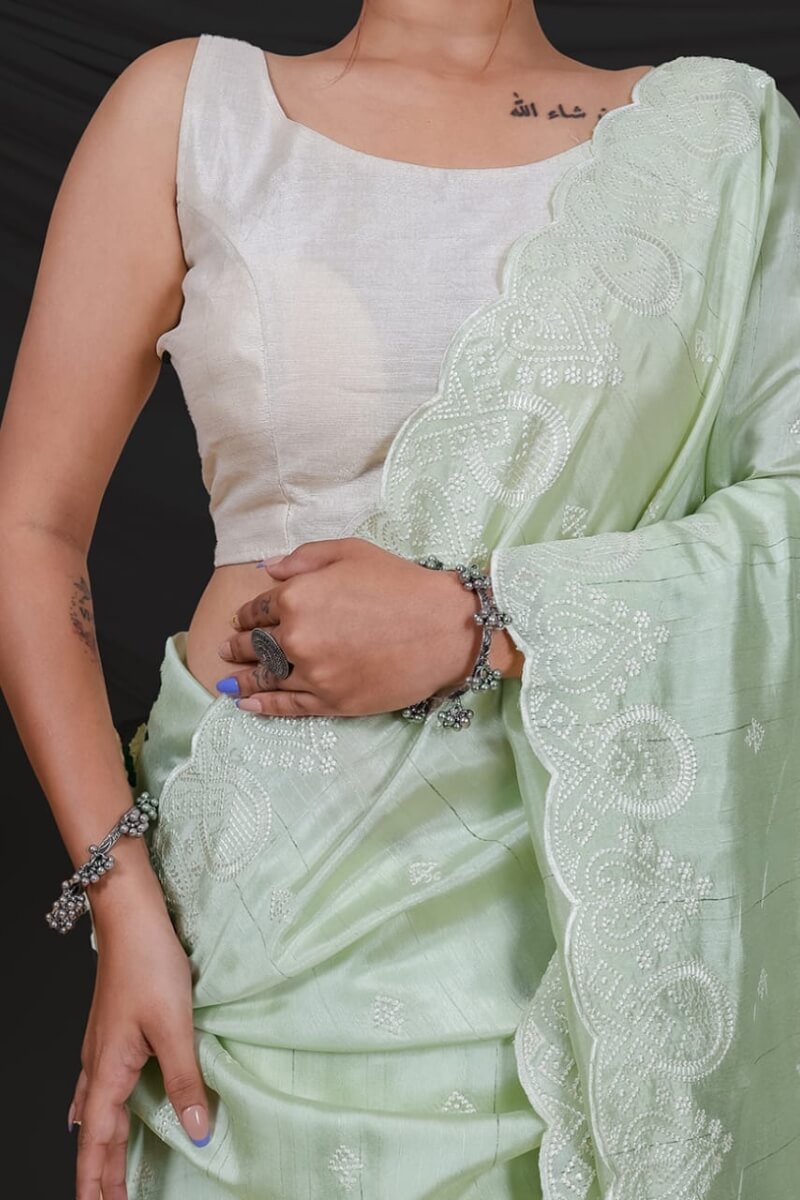 Desiring Pista Embroidery Work Soft Silk Saree With Ravishing Blouse Piece