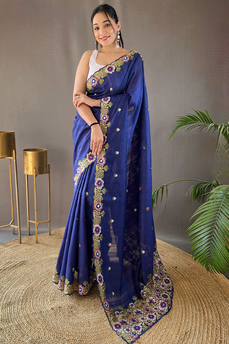 Amazing Blue Embroidery Work Tussar Silk Saree With Skinny Blouse Piece