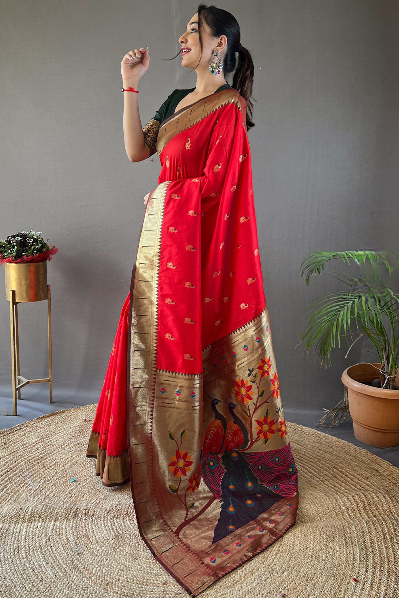Classic Red Paithani Silk Saree With Bewitching Blouse Piece