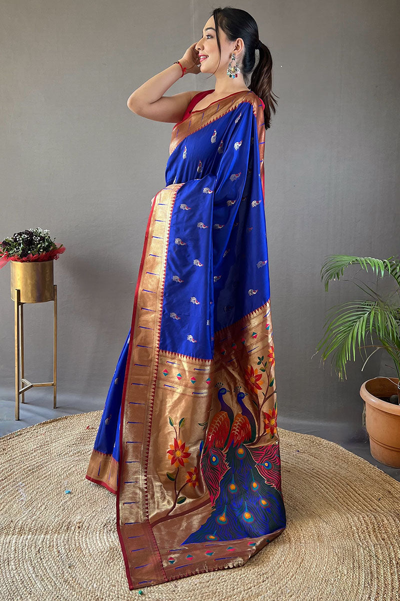 Desultory Royal Blue Paithani Silk Saree With Embrocation Blouse Piece
