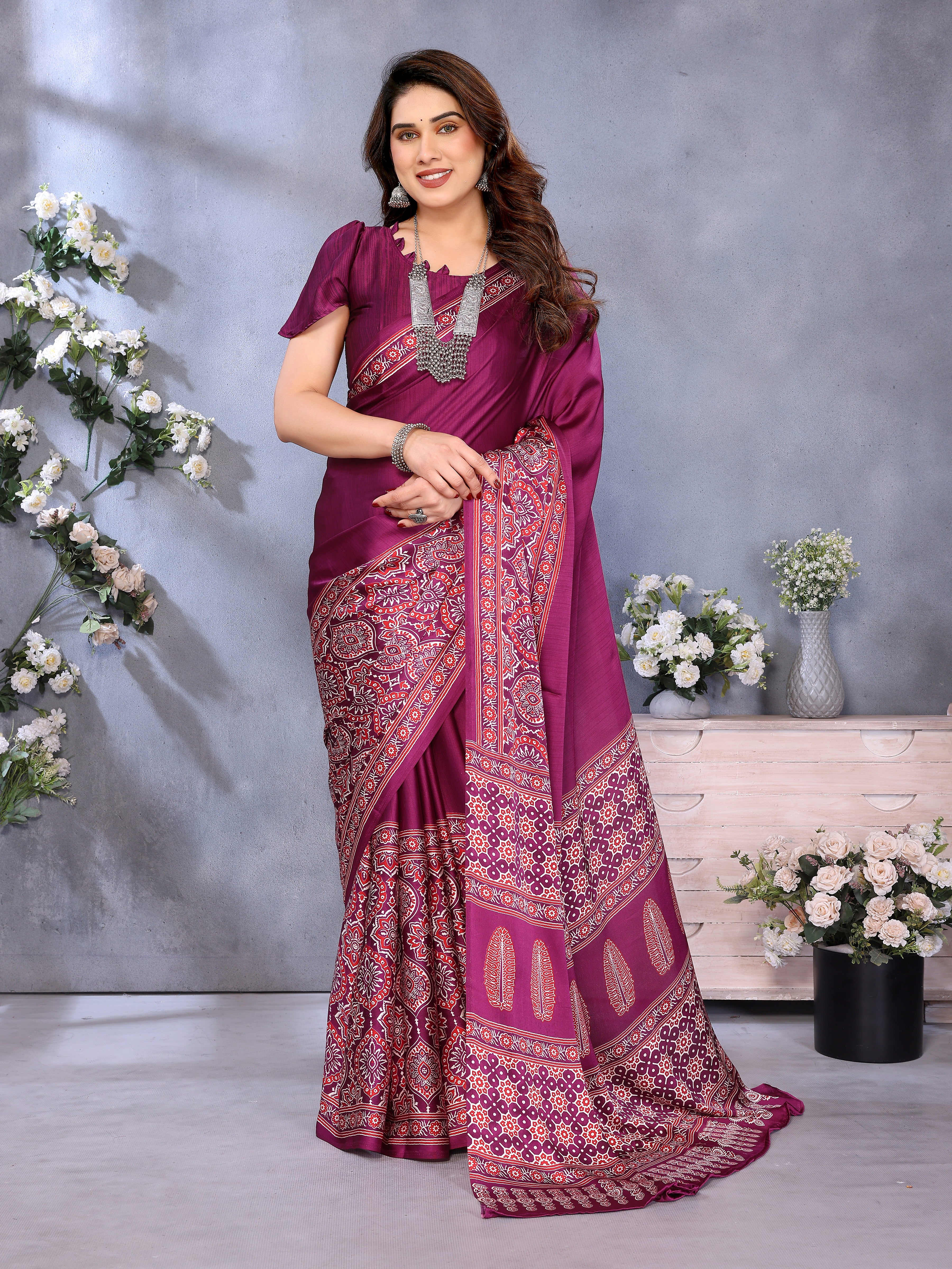 Pleasurable Purple Ajrak Printed Soft Silk Saree With Fragrant Blouse Piece