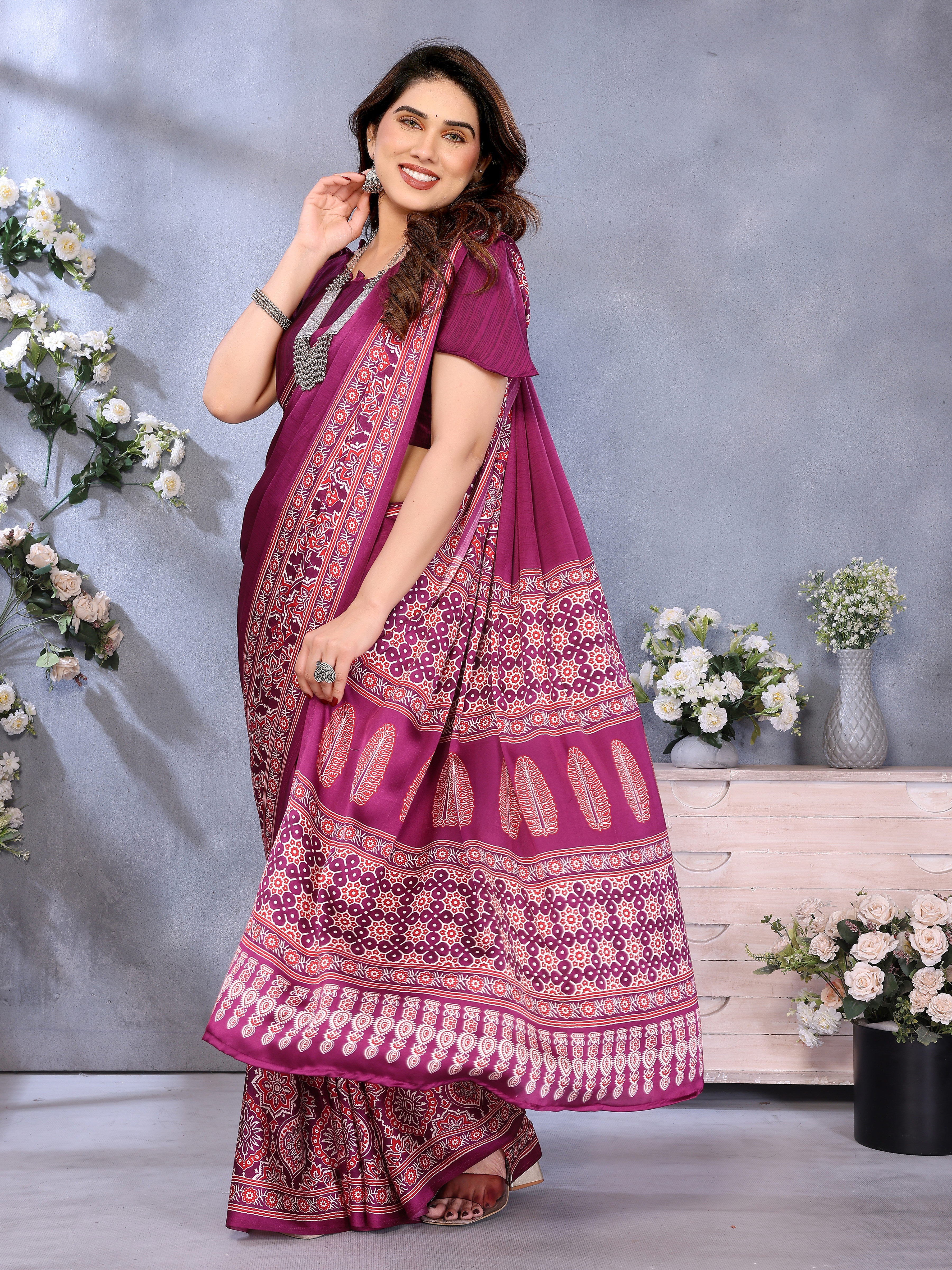 Pleasurable Purple Ajrak Printed Soft Silk Saree With Fragrant Blouse Piece