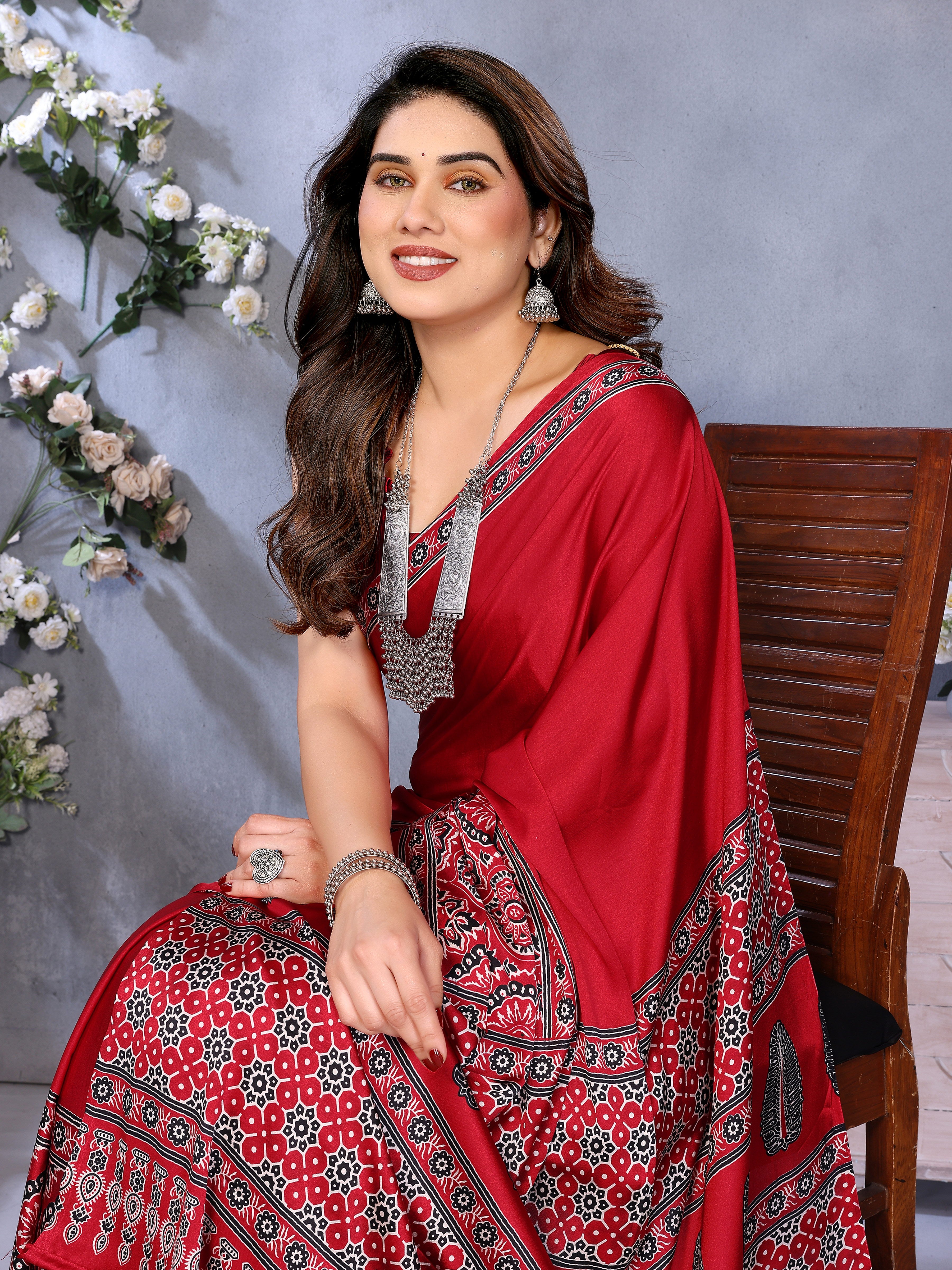 Girlish Red Ajrak Printed Soft Silk Saree With Ephemeral Blouse Piece