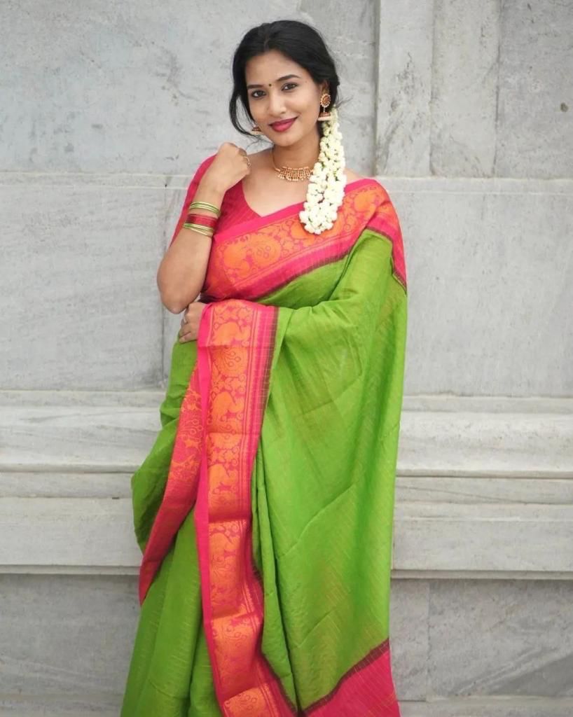Handcrafted Lichi Silk Saree with Golden Zari Work