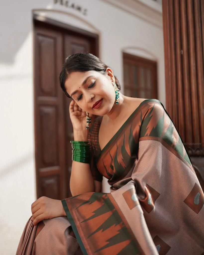 Ethereal Copper and Green Lichi Silk Saree with Blouse Peace