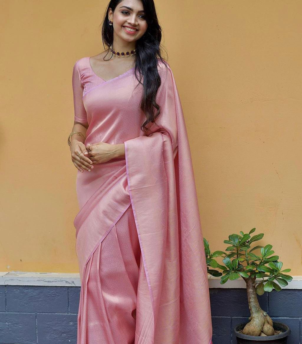 Captivating Peach Lichi Silk Saree with Blouse Peace