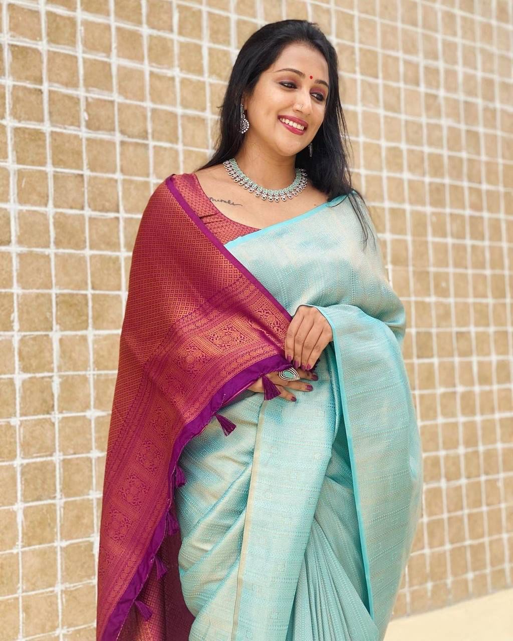 Vibrant Sky Blue Lichi Silk Saree with Blouse Peace