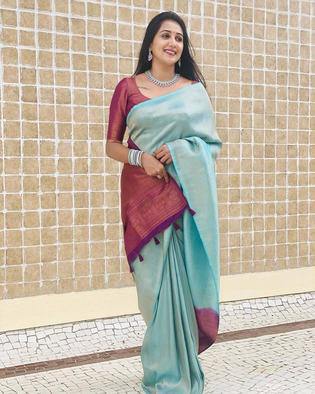 Vibrant Sky Blue Lichi Silk Saree with Blouse Peace