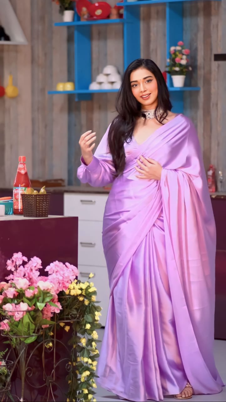 Beautiful 1 Minute Ready to Wear Purple Satin Saree