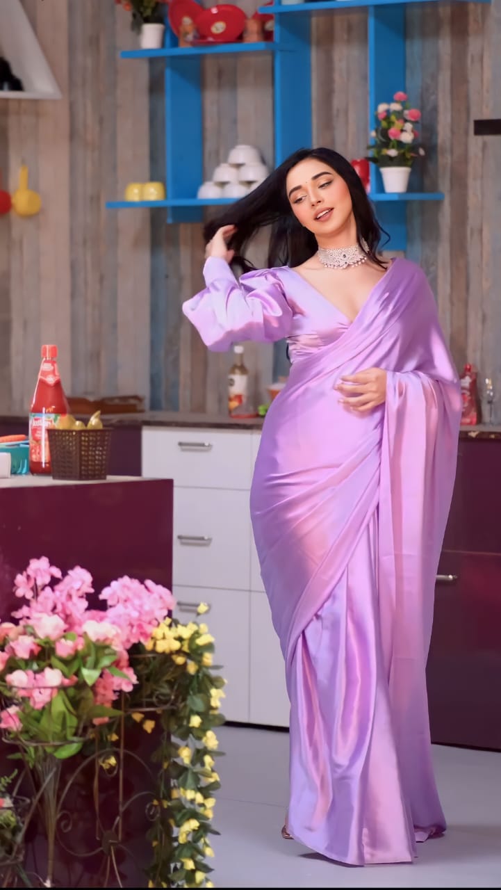 Beautiful 1 Minute Ready to Wear Purple Satin Saree