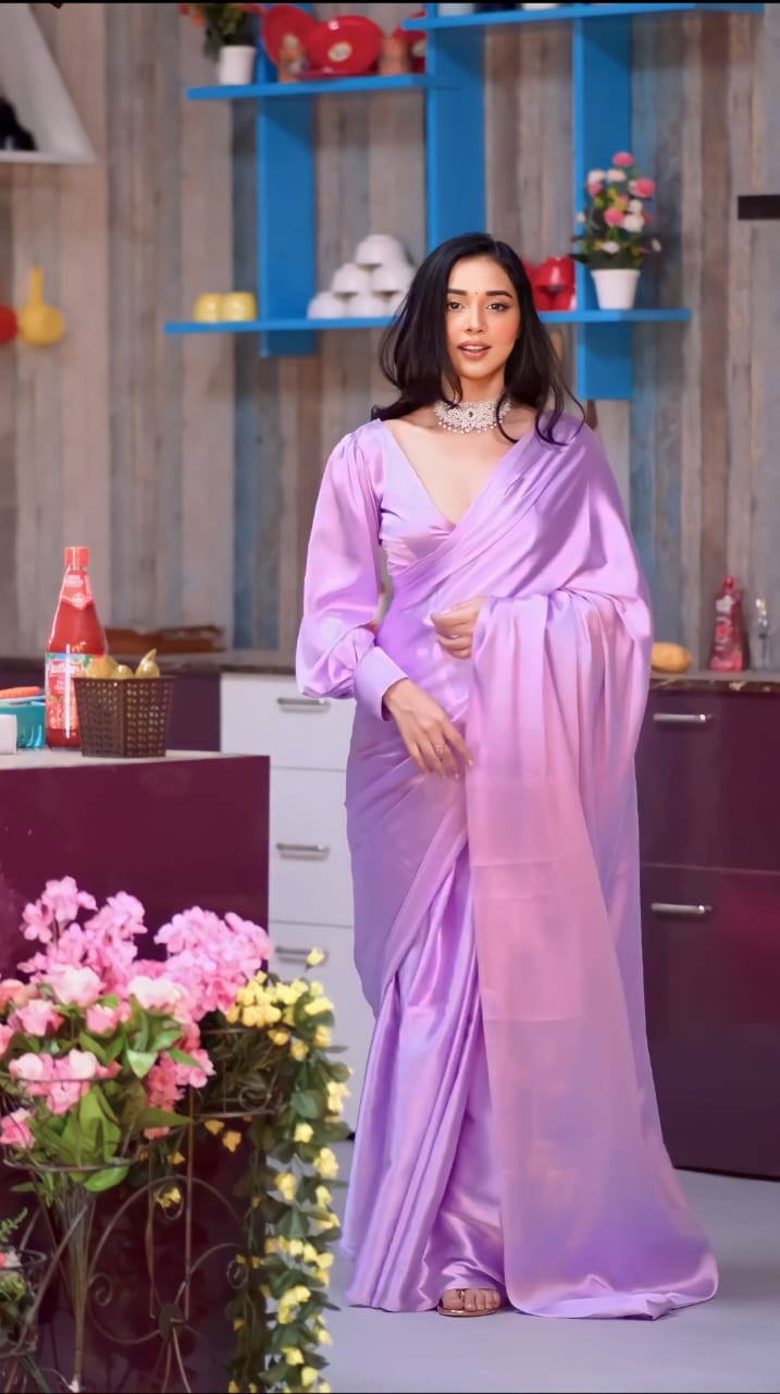 Beautiful 1 Minute Ready to Wear Purple Satin Saree