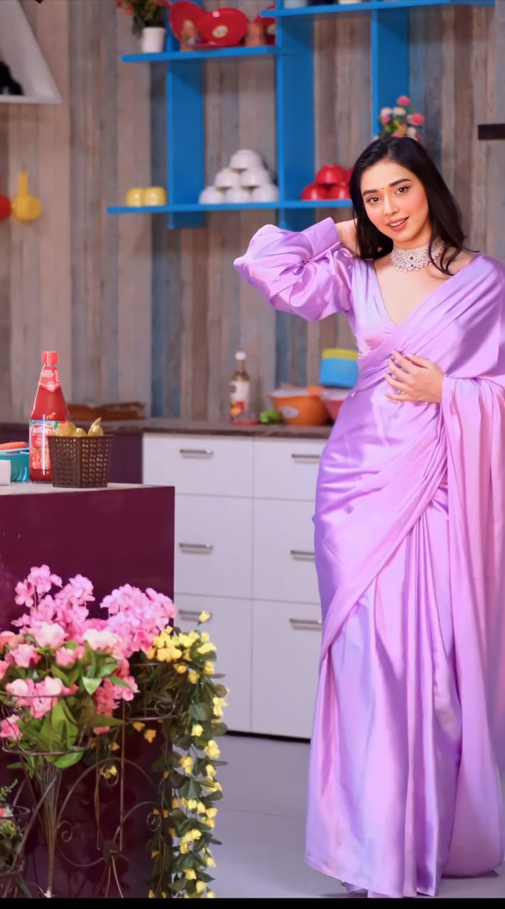 Beautiful 1 Minute Ready to Wear Purple Satin Saree