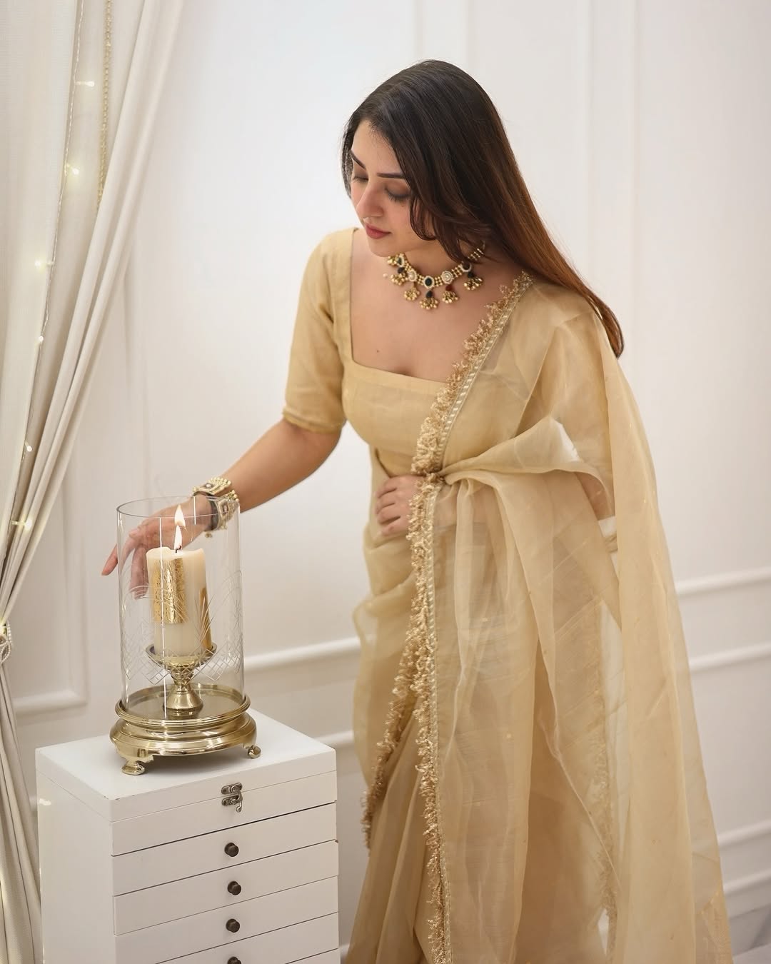 Most Beautiful 1-Minute Ready To Wear Cream Pure Cotton Silk Saree