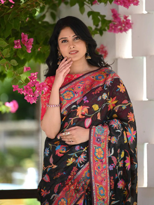 Printed Banarasi Silk Saree with Heavy Zari Brocade Black