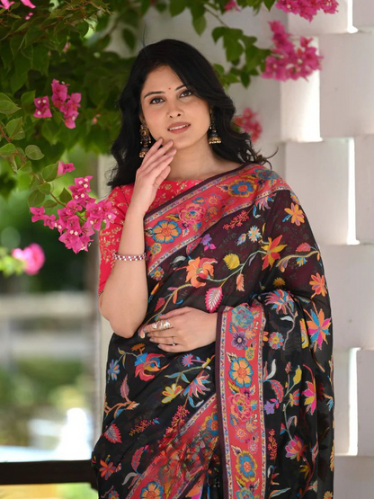 Printed Banarasi Silk Saree with Heavy Zari Brocade Black