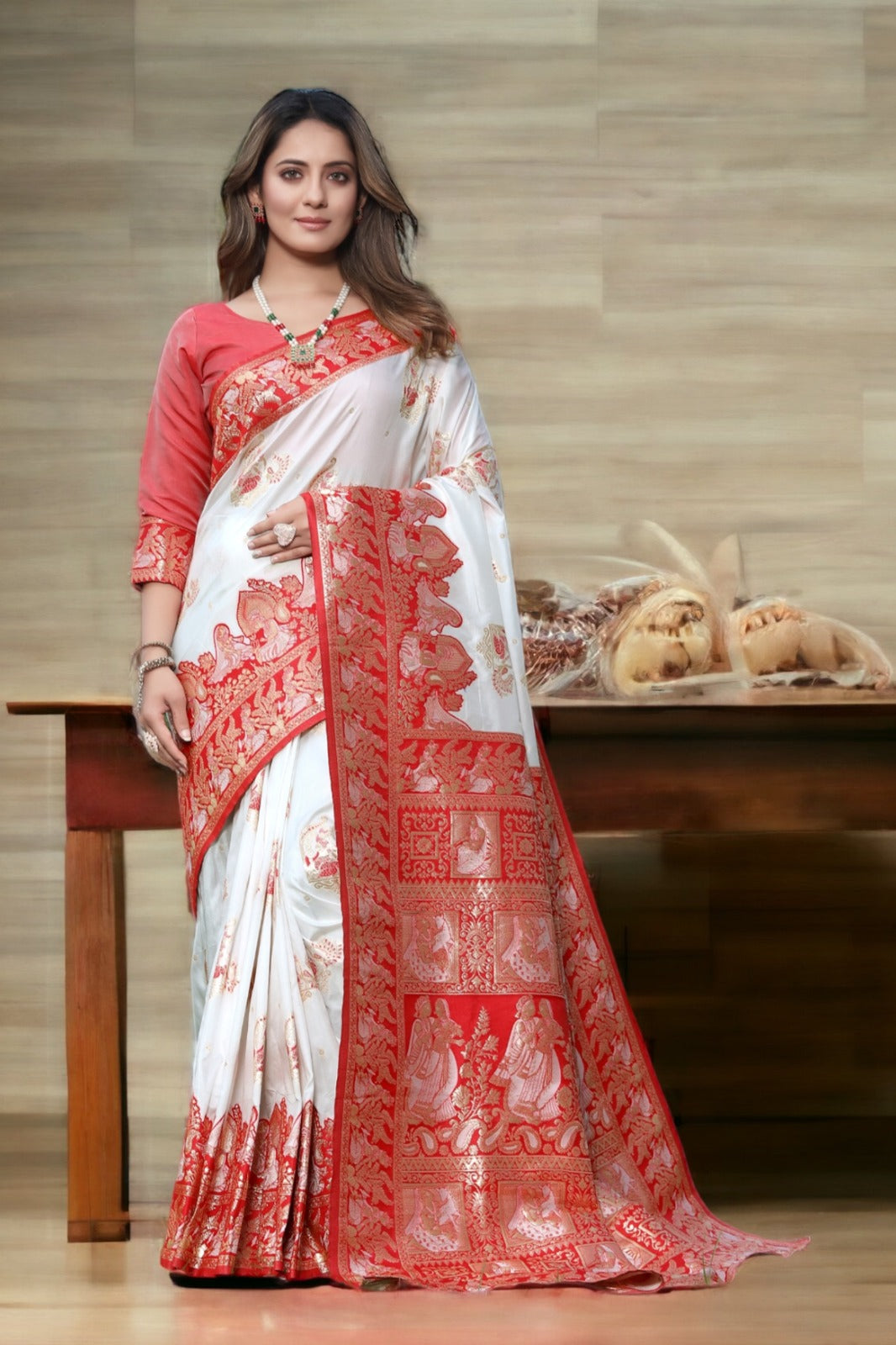 Traditional White with Red Banarasi Silk Saree with Silver Zari Work with Blouse Peace