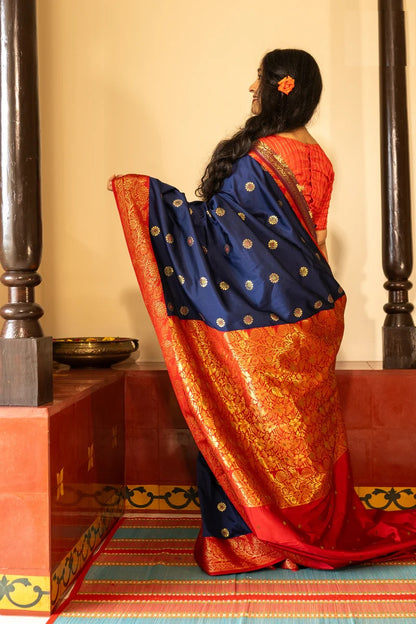 Stylist Red and Blue Soft Silk Saree with Ethnic Blouse Piece