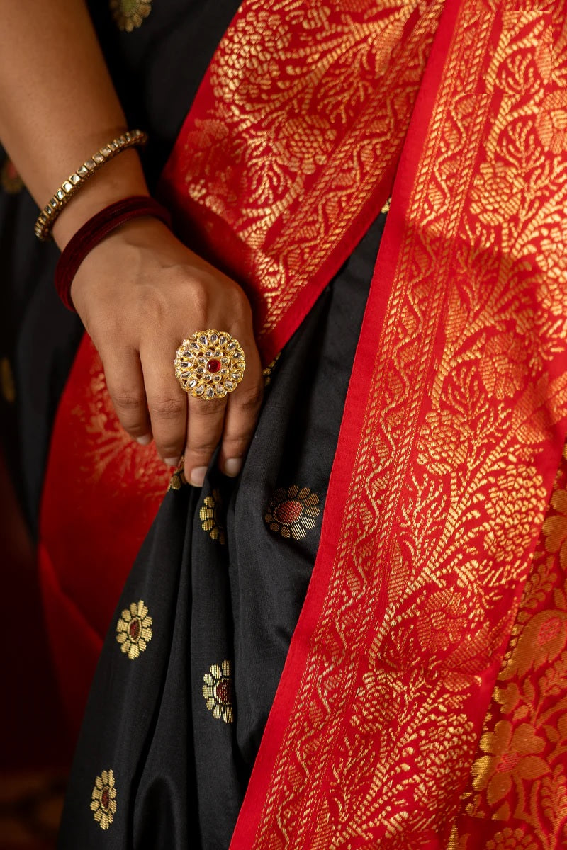 Stylist Red and Black Soft Silk Saree with Ethnic Blouse Piece