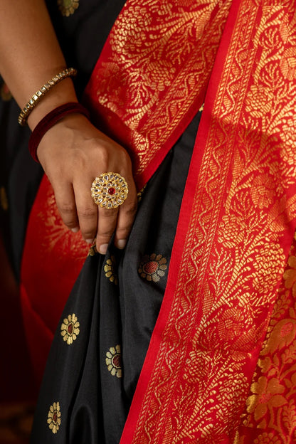 Stylist Red and Black Soft Silk Saree with Ethnic Blouse Piece