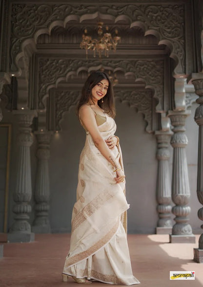 Elegant Banarasi Silk Saree with Gold Zari Embellishments Cream